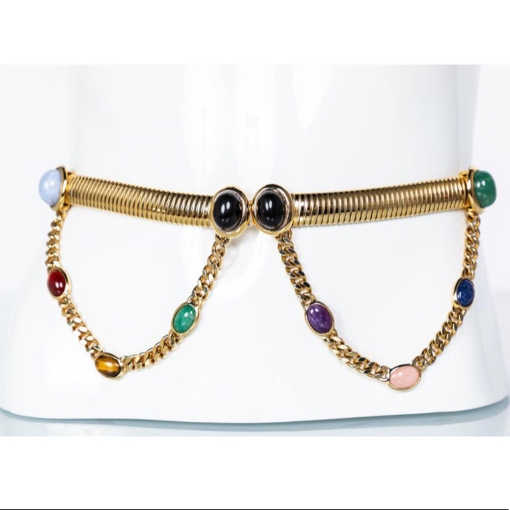 Vintage Judith Leiber Gold Semi-Precious Stones Chain Belt, 1990s